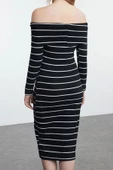 Moda Stil Slim Carmen Yaka Midi Boy Siyah001 Çizgili Fitted Vücuda Oturan Fitilli Esnek Örme Elbise - 5