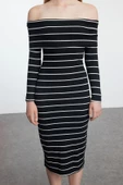 Moda Stil Slim Carmen Yaka Midi Boy Siyah001 Çizgili Fitted Vücuda Oturan Fitilli Esnek Örme Elbise - 3