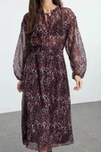 Moda Stil Regular Bisiklet Yaka Midi Boy Çiçekli Eteği Belden Açılan Astarlı Dokuma Kışlık Elbise - 4