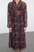 Moda Stil Regular Bisiklet Yaka Midi Boy Çiçekli Eteği Belden Açılan Astarlı Dokuma Kışlık Elbise - 3