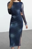 Moda Stil Slim Kayık Yaka Maxi Boy Soyut Desenli Fitted Vücuda Oturan Tül Esnek Örme Elbise - 4