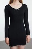 Moda Stil Slim Havuz Yaka Mini Boy Fitted Vücuda Oturan Fiyonk Detaylı Örme Elbise - 3