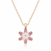 925 Ayar Gümüş Rose Pembe Lotus Çiçeği Kolye - 1