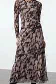 Moda Stil Regular Bisiklet Yaka Maxi Boy Baskılı Büzgü Drape Örme Elbise - 1