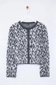 Stil Modern Kadın Regular Standart Kol Bisiklet Yaka Leopar Desenli Triko Hırka - 3