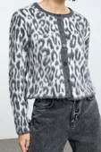 Stil Modern Kadın Regular Standart Kol Bisiklet Yaka Leopar Desenli Triko Hırka - 2