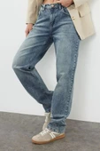 Stil Kadın Moda Denim Kot Pantolon Regular Boru Paça Mavi Soluk Vintage Normal Bel Straight Jeans - 3