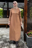 Zebra Desen Triko Elbise Camel - 7
