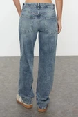 Stil Kadın Moda Denim Kot Pantolon Regular Boru Paça Mavi Soluk Vintage Normal Bel Straight Jeans - 5