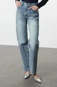 Stil Kadın Moda Denim Kot Pantolon Uzun Boru Paça Mavi Normal Bel Straight Jeans - 1