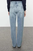 Stil Kadın Moda Denim Kot Pantolon Uzun Boru Paça Mavi Normal Bel Straight Jeans - 5
