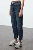 Stil Kadın Moda Denim Kot Pantolon Uzun Boru Paça Yüksek Bel Slim Mom Jeans - 4