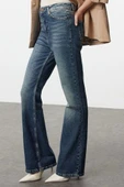 Stil Kadın Moda Denim Kot Pantolon Uzun İspanyol Paça Mavi Soluk Vintage Yüksek Bel Jeans - 2