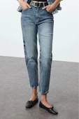 Stil Kadın Moda Denim Kot Pantolon Uzun Boru Paça Mavi Soluk Vintage Yüksek Bel Slim Mom Jeans - 1
