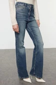 Stil Kadın Moda Denim Kot Pantolon Uzun İspanyol Paça Mavi Soluk Vintage Yüksek Bel Jeans - 3