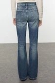 Stil Kadın Moda Denim Kot Pantolon Uzun İspanyol Paça Mavi Soluk Vintage Yüksek Bel Jeans - 5