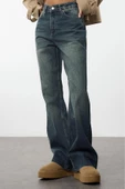 Stil Kadın Moda Denim Kot Pantolon Uzun Geniş Paça Mavi Yüksek Bel Straight Jeans - 1