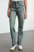 Stil Kadın Moda Denim Kot Pantolon Uzun Boru Paça Mavi Yüksek Bel Straight Jeans - 4