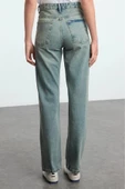 Stil Kadın Moda Denim Kot Pantolon Uzun Boru Paça Mavi Yüksek Bel Straight Jeans - 5