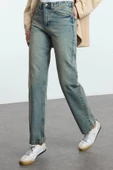 Stil Kadın Moda Denim Kot Pantolon Uzun Boru Paça Mavi Yüksek Bel Straight Jeans - 3