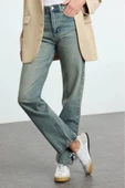 Stil Kadın Moda Denim Kot Pantolon Uzun Boru Paça Mavi Yüksek Bel Straight Jeans - 1