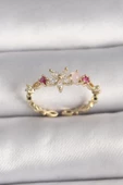 MuI MuI Pirinç Gold Renk Zirkon Taşlı Çiçek Model Ayarlanabilir Yüzük - 1