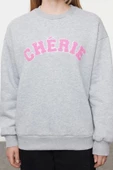 Oversize Bisiklet Yaka Düşük Kol Uzun Kalın Polarlı Rahat Kesim Slogan Nakışlı Örme Sweatshirt - 5