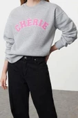 Oversize Bisiklet Yaka Düşük Kol Uzun Kalın Polarlı Rahat Kesim Slogan Nakışlı Örme Sweatshirt - 2