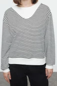 Tarz Bol Bisiklet Yaka Düşük Kol Uzun Çizgili Geniş Kalıp Yaka Kalın Örme Sweatshirt - 4