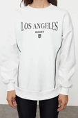 Bol Bisiklet Yaka Düşük Kol Uzun Slogan Baskılı Geniş Kalıp Kalın İçi Polarlı Örme Sweatshirt - 5