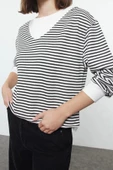 Tarz Bol Bisiklet Yaka Düşük Kol Uzun Çizgili Geniş Kalıp Yaka Kalın Örme Sweatshirt - 1