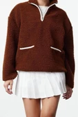Regular Fermuarlı Yaka Düşük Kol Standart Peluş Geniş Kalıp Fermuarlı Yaka Örme Sweatshirt - 2