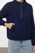 Relaxed Fermuarlı Yaka Düşük Kol Regular Rahat Kalıp Fermuarlı Cep Detaylı Örme Sweatshirt - 5