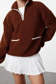 Regular Fermuarlı Yaka Düşük Kol Standart Peluş Geniş Kalıp Fermuarlı Yaka Örme Sweatshirt - 1