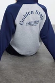 Tarz Bol Fermuarlı Yaka Düşük Kol Uzun Slogan Baskılı Kalıp Reglan Kol Örme Sweatshirt - 1