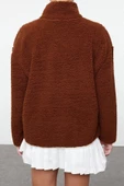 Regular Fermuarlı Yaka Düşük Kol Standart Peluş Geniş Kalıp Fermuarlı Yaka Örme Sweatshirt - 4
