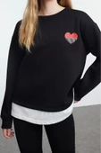 Bisiklet Yaka Düşük Kol Poplin Detaylı ve Nakış Detaylı Normal Kalıp Örme Sweatshirt - 1
