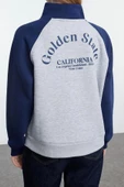 Tarz Bol Fermuarlı Yaka Düşük Kol Uzun Slogan Baskılı Kalıp Reglan Kol Örme Sweatshirt - 4