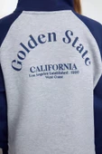 Tarz Bol Fermuarlı Yaka Düşük Kol Uzun Slogan Baskılı Kalıp Reglan Kol Örme Sweatshirt - 3