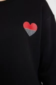 Bisiklet Yaka Düşük Kol Poplin Detaylı ve Nakış Detaylı Normal Kalıp Örme Sweatshirt - 3