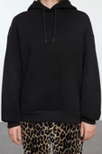 Tarz Bol Kapüşonlu Düşük Kol Uzun Fermuar Detaylı Kalıp Kalın İçi Polarlı Örme Sweatshirt - 5