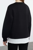 Bisiklet Yaka Düşük Kol Poplin Detaylı ve Nakış Detaylı Normal Kalıp Örme Sweatshirt - 4