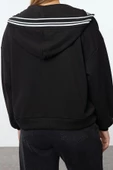 Bol Kapüşonlu Düşük Kol Uzun Overize Kalıp Kalın İçi Polarlı Triko Bant Örme Sweatshirt - 4