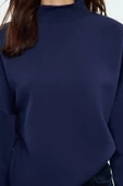 Oversize Dik Yaka Düşük Kol Uzun Basic Geniş Kalıp Yarım Balıkçı Kalın Polarlı Örme Sweatshirt - 3