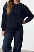 Tarz Bol Bisiklet Yaka Düşük Kol Uzun Kalın İçi Polarlı Geniş Kalıp Örme Sweatshirt - 1