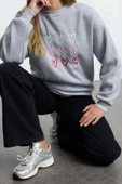 Bol Bisiklet Yaka Düşük Kol Uzun Kalp Nakışlı Geniş Kalıp Kalın İçi Polarlı Örme Sweatshirt - 2