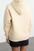 Tarz Bol Asimetrik Yaka Düşük Kol Uzun Kalıp Kanguru Cepli Kalın İçi Polarlı Örme Sweatshirt - 4