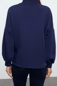 Oversize Dik Yaka Düşük Kol Uzun Basic Geniş Kalıp Yarım Balıkçı Kalın Polarlı Örme Sweatshirt - 4