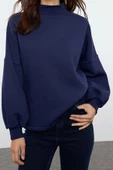 Oversize Dik Yaka Düşük Kol Uzun Basic Geniş Kalıp Yarım Balıkçı Kalın Polarlı Örme Sweatshirt - 1
