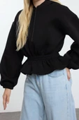 Oversize Kapüşonlu Balon Kol Regular Geniş Büzgü Detaylı kalın İçi Polarlı Örme Sweatshirt - 2